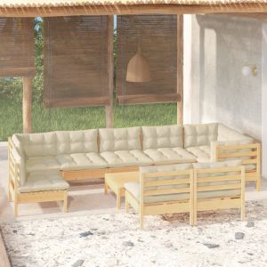 VidaXL Salon de jardin 10 pcs avec coussins cr&egrave;me Bois de pin massif