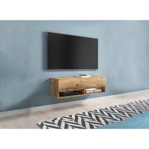 Meuble tv suspendu 1 porte 2 niches en chêne romane - 100 cm - bois clair