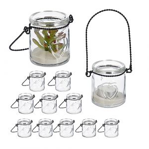 Relaxdays Photophores, Lot de 12, Verres avec Anse, intérieur & extérieur, H x D : 7 x 6 cm, Transparent - Noir