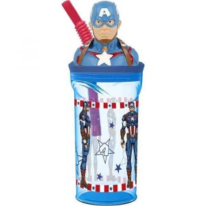Stor Tataway in viaggio si cresce Marvel Avengers Captain America 360 ml Verre bleu pour enfant en plastique avec paille et figure 3D du personnage
