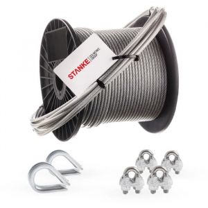 Câble d'acier inoxydable gainé (couche pvc), 20m, acier V4A, diamètre 3,5mm 7x7, 2x Cosse-cèur en acier V4A, 4x Serre-câble è étrier en acier V4A