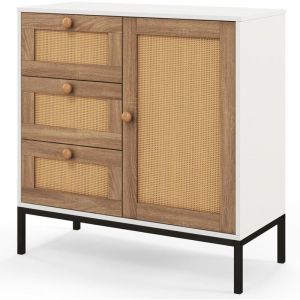 Commode à 3 Tiroirs 1 Porte en Rotin 3 Étagères Pieds Surélevés en Métal Meuble de Rangement Indépendant pour Salon