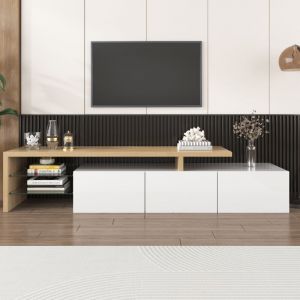 Wishdor - Meuble tv bois et blanc brillant avec led, 3 portes et étagères en verre, blanc