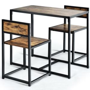 COSTWAY Ensemble Table à Manger 1 Table et 2 Chaises Encastrable Style Industriel Moderne pour Salle à Manger, Bistro Brun Rustique