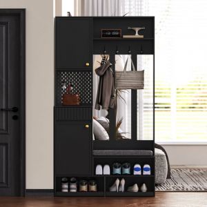 Image de Liberté - Porte-Manteau, Meuble d'Entrée, Vestiaire, Portant, avec Banc et Étagères à Chaussures, Crochets, Noir