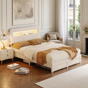 Cadre de lit ado 140x200 cm - USB et LED - Velours Beige - Tiroirs - lit 140x200 cm