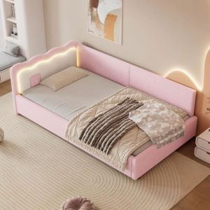 Lit simple 90x200cm - canapé-lit enfant avec led, sommier à lattes (sans matelas), imitation polaire - en velours rose