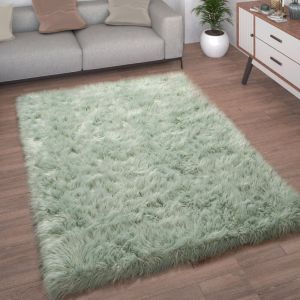 Paco Home - Tapis De Salon Fausse Fourrure Imitation Shaggy Coussins De Sol Forme Cœur Rond 45 cm rond, Vert Menthe