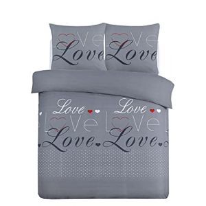 Vision FLANELLE Love Gris - Parure housse de couette 200x200cm avec 2 taies - 100% coton flanelle