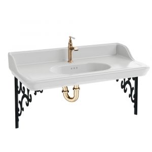 Jacob Delafon Plan vasque suspendu Cléo 1889 avec équerres métal noir + robinet lavabo or + siphon or