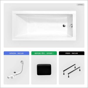 Baignoire rectangulaire - 160 x 70 cm - sans Habillage - avec Pieds - Repose-tête - Vidage Chrome - MODERN