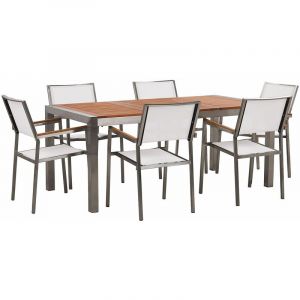Beliani Table de jardin plateau bois eucalyptus 180 cm et 6 chaises blanches GROSSETO