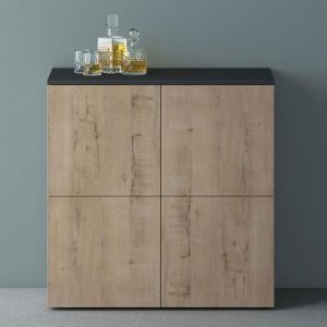 Meuble de Rangement avec 4 Portes et 4 Compartiments Casier de Rangement Polyvalent Buffet Gris Noir Mat + Chêne Blanc Clair 76x36,4x74 cm SR04