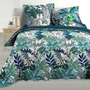 Image de Housse de couette et deux taies percale (240 cm) Colibri Bleue