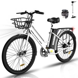 COLORWAY Vélo électrique 26 VAE Blanc, Moteur 250W E-Bike avec Batterie Amovible 36V 12Ah,Pédalage Assisté + Panier de Vélo Avant