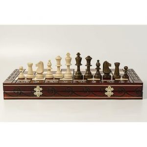 Superbe jeu d'échecs en bois CONSUL 48 cm / 19 pouces. Échiquier décoratif avec ornements brûlés et pièces pondérées du tournoi No5