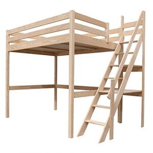 Lit Mezzanine Sylvia avec escalier de meunier bois Couleur Brut, Dimensions 90x200