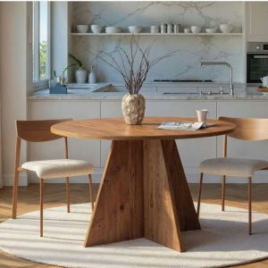 Table &agrave; manger ronde effet bois de pin &Oslash;120 cm MARFA