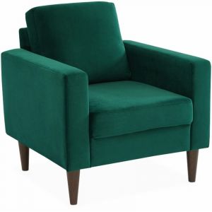 Alice's Garden Fauteuil scandinave en velours vert anglais - Bjorn - Canap&eacute; 1 place fixe droit pieds bois d'h&eacute;v&eacute;a effet bois de noyer