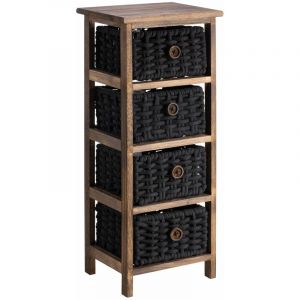 Idimex Chiffonnier Pluto Petite Commode De Nuit En Bois De Paulownia Brun Foncé, Avec 4 Paniers En Coton Tressé Noir