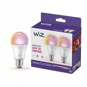 WIZ Ampoule LED connect&eacute;e A60, Blanc ajustable et Multicolore, Culot E27, &Eacute;quivalent 100 W, 2200-6500 K, 1521 lumens, Intensit&eacute; r&eacute;glable, Compatible Alexa, Google Assistant et Apple HomeKit, pack de 2