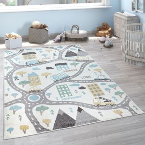 Paco Home - Tapis Enfant Chambre Enfant Pastel Garçon Fille Voitures Crème Bleu Pétrole Gris 80x150 cm