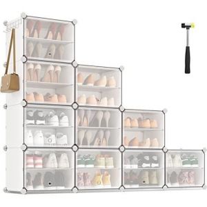 Songmics Étagère à chaussures - 10 compartiments - Porte - Cadre en acier - Blanc