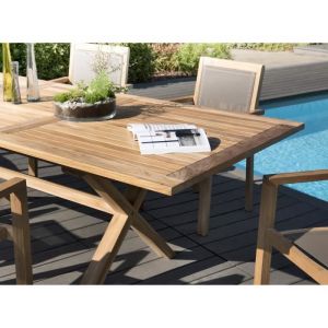 Ensemble de jardin en teck : 1 table rectangulaire, extensibles, 180 / 240 x 100 cm 3 lots de 2 fauteuils empilables JARDITECK