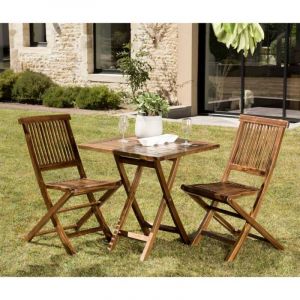 Image de : Salon de jardin HANNA en bois teck huilé 2 personnes ensemble de jardin : 1 table carrée pliante 70 x 70 cm et 2 chaises