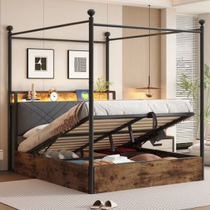 Lit double coffre 140x190 cm - Baldaquin en métal - Montants amovibles - LED et port USB/Type-C - Noir (matelas non inclus)