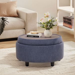 Colamy - Pouf Rond en Tissu avec Couvercle à Plateau Réversible – Repose-pieds Multifonction, Rangement Caché, Solide et Élégant, Petite Table Basse