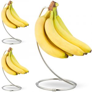 Relaxdays Support bananes avec pied rond, lot de 3, crochet bananes, porte fruits, bananes, raisins, en fer chromé, argenté