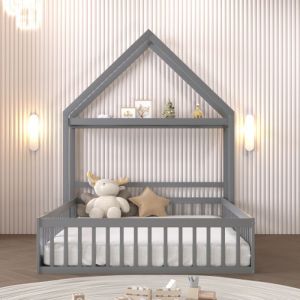 Lit cabane 140x200 cm, lit cabane au sol, lit enfant avec grille, porte et sommier à lattes, cadre de lit en bois, gris, sans matelas