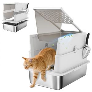 Pawhut Bac à litière pour chat fermé - pelle couvercle ouvrable porte battante - nettoyage facile - acier inoxydable - gris