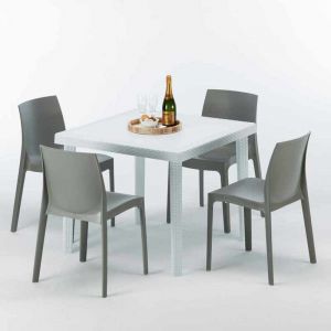 Grand Soleil Table carrée et 4 chaises Poly rotin resine colorées 90x90 blanc | Rome gris