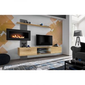 Ensemble meuble TV avec cheminiée biologique "Flame B" - Beige/Noir - L 250 x H 170 x P 40 cm