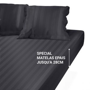 Drap housse grand bonnet Satin de coton ray&eacute; Gris anthracite fonc&eacute; TERTIO--Anthracite