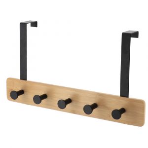 Tendance Patère Porte-serviettes 5 Crochets en métal Noir et Bambou - à suspendre sur porte