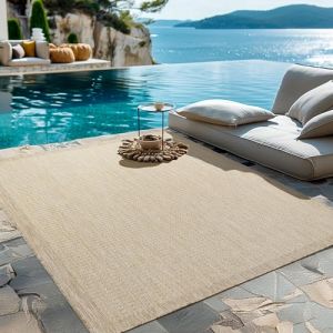 HomebyHome Tapis d'Ext&eacute;rieur R&eacute;sistant aux Intemp&eacute;ries 160x230 cm Beige - R&eacute;sistant aux UV, Imperm&eacute;able et L&eacute;ger - Id&eacute;al pour Balcon, Terrasse, Jardin et Cuisine