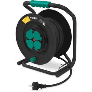 VONROC PRO Enrouleur de c&acirc;ble 25m - IP44 - C&acirc;ble n&eacute;opr&egrave;ne H07RN-F 3x1,5 mm&sup2; - 4 prises Schuko mises &agrave; la terre - 3000W (d&eacute;roul&eacute;)/1100W (enroul&eacute;) - &Acirc;me fixe - Protection thermique