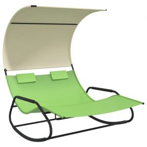 Transat chaise longue bain de soleil lit de jardin terrasse meuble d'extérieur double à bascule avec auvent vert et crème 02_0012767