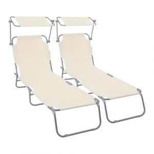 Vounot Lot de 2 Chaise Longue avec Pare Soleil Bain de Soleil Pliable Tissu Polyester Inclinable 4 Positions Transat Charge Max 120KG pour Jardin Terrasse Piscine Plage Camping Beige