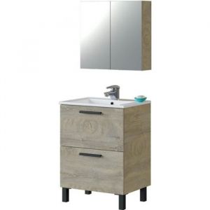 Image de Pegane Meuble sous vasque de salle de bain 60 cm avec 2 tiroirs et piètement + miroir - Hauteur 80 x longueur 60 x Profondeur 45 cm