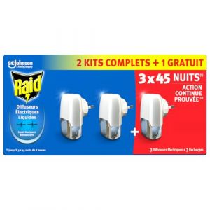 Raid Prise Anti-Moustiques Electrique Liquide - Répulsif Moustiques - 3 Diffuseurs + 3 Recharges, 2 en 1 - 45 Nuits