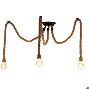 Rétro Lustre Suspension Araignee Corde de Chanvre avec 3 Bras E27 Douille, Industriel Lampe DIY 2.0m Fil Longueur Ajustable Luminaire Décoration