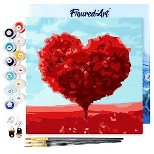 Figured'Art Mini Peinture par Numéro Adulte 20x20cm avec cadre Arbre rouge Coeur - Petit Format Kit de Loisir Créatif DIY Numéro d'Art Complet