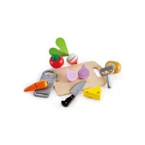 Hape Ensemble aliments a decouper + ustensiles de cuisine (planche econome rape) - jouet en bois - accessoire dinette imitation enfant