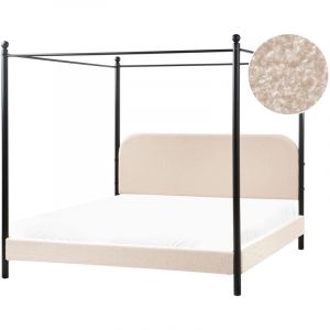 Beliani Lit &agrave; Baldaquin Minimaliste en Boucl&eacute; 180 x 200 cm Cadre M&eacute;tallique Noir Lattes Bois de Peuplier Beige Dannemois