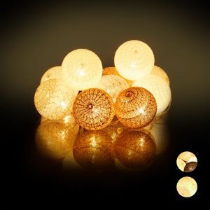 Relaxdays Guirlande Lumineuse LED, 10 Boules Coton, Fonction Piles, Lumières d'Ambiance, Sphères Ø6 cm, Blanc-Gris-Marron