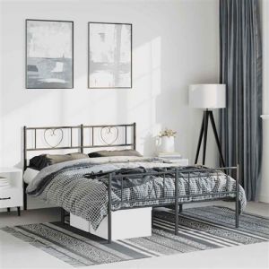 VidaXL Cadre de Lit avec Tête de Lit et Pied de Lit, Lit de Double avec Sommier à Lattes, Lit Adulte avec Rangement Chambre, Moderne, Noir 135x190 cm Métal